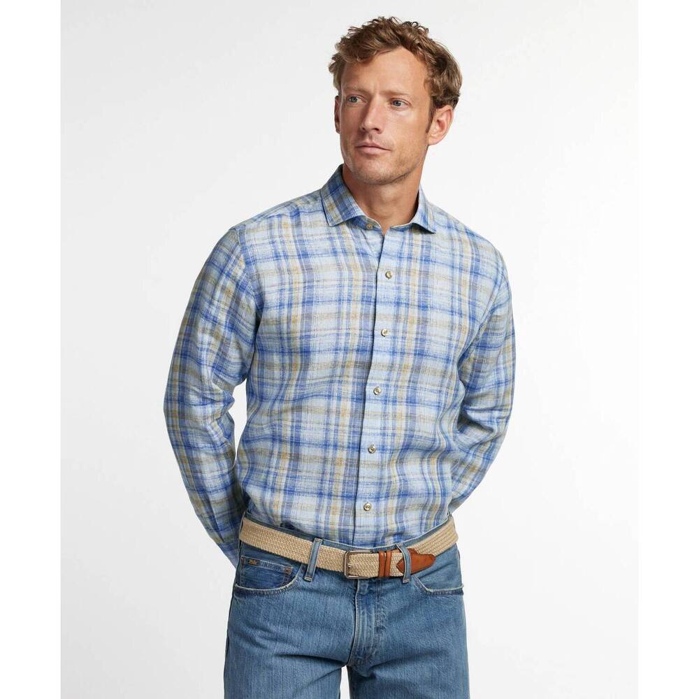 NEW DAVID DONAHUE linen check sport shirt in blue/dune